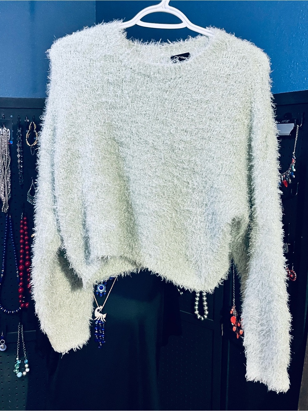 art class Cropped Fuzzy Crewneck Sweater in Mint Metallic Threads